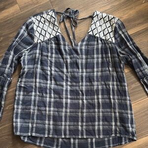 Navy Plaid Women's Top with Tie Back